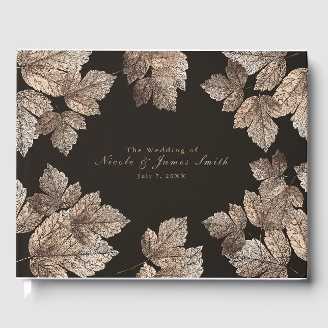 Livro De Visitas Casamento Rústico de Outono com Folhas Marrom Escu (Frente)