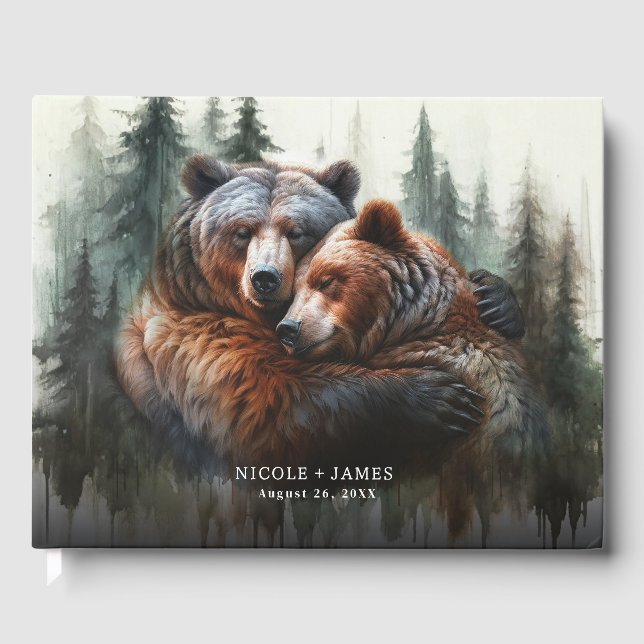 Livro De Visitas Casamento Rústico Selvagem Ursos Aquarela (Frente)