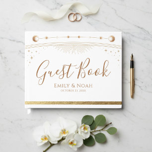 Livro De Visitas Casamento Sol Lua Estrelas Dourado Branco Celestia
