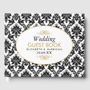Livro De Visitas Casamento tema damasco Dourado preto e branco da V