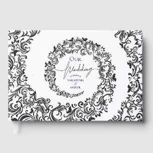 Livro De Visitas Casamento tema damasco Elegante Preto e Branco