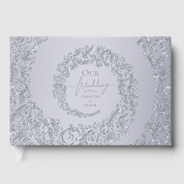 Livro De Visitas Casamento tema damasco Silver Elegante (Frente)