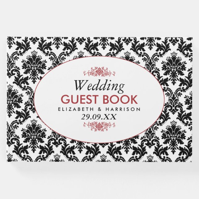 Livro De Visitas Casamento tema damasco vermelho, preto e branco (Frente)