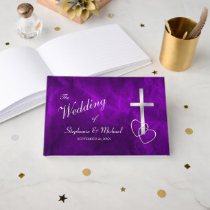 Livro De Visitas Casamento transversal cristão de prata roxo