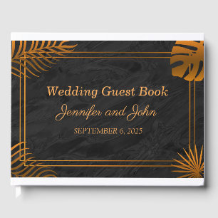 Livro De Visitas Casamento Tropical com Folhas Douradas e Frame Geo
