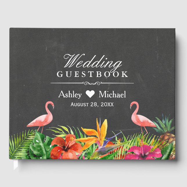 Livro De Visitas Casamento Tropical Floral Flamingos Chalkboard (Frente)