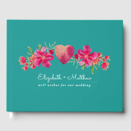Livro De Visitas Casamento Turquoise Fuchsia Floral Watercolor