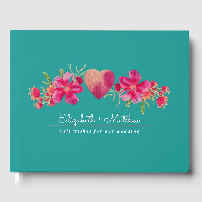 Livro De Visitas Casamento Turquoise Fuchsia Floral Watercolor (Frente)