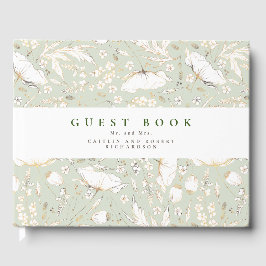 Livro De Visitas Casamento Verde de Flores Selvagens Elegante Sage 