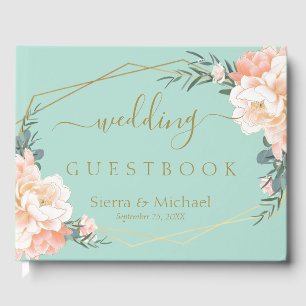 Livro De Visitas Casamento Verde de Menina Dourada de Pêssego Flor