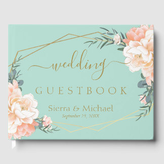 Livro De Visitas Casamento Verde de Menina Dourada de Pêssego Flora