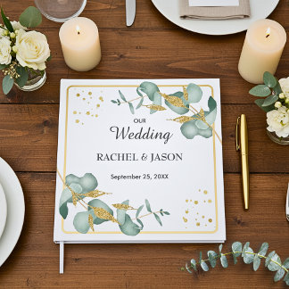 Livro De Visitas Casamento Verde Folhagem com Brilho Dourado de Euc