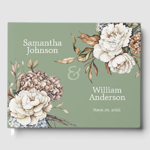 Livro De Visitas Casamento Verde Verde Moderno Peony & Hydrangea