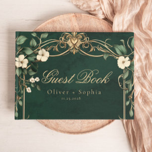 Livro De Visitas Casamento Vintage Art Nouveau Verde e Dourado