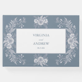 Livro De Visitas Casamento vitoriano em azul com flores brancas