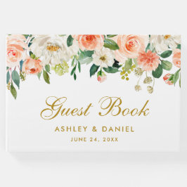 Livro De Visitas Casamento Watercolor Coral Floral Dourado