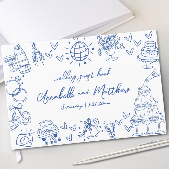 Livro De Visitas Casamento Whimsical Azul Desenhado À Mão (Hand Drawn Blue Whimsical Wedding Guest Book)