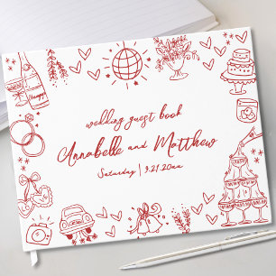 Livro De Visitas Casamento Whimsical Vermelho Desenhado Mão