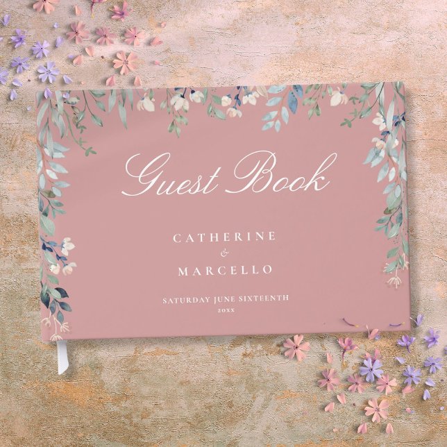 Livro De Visitas Cascata de Flores Rosa Poeira de Noiva (Dusty Rose Pink Floral Wildflowers Cascade Wedding Guest Book)