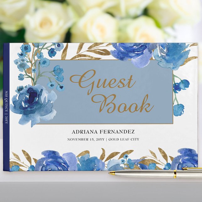 Livro De Visitas Celebração de folhas Rosa azuis e folhas Douradas (Blue rose floral guest book from my Rose and Gold Leaf quinceanera collection)