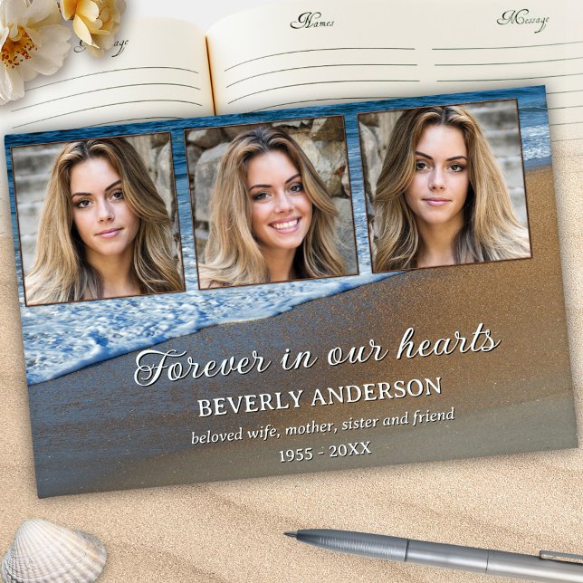 Livro De Visitas Celebração do Memorial da Vida (Celebration of life guest book featuring 3 custom photos framed by waves rolling on the beach)
