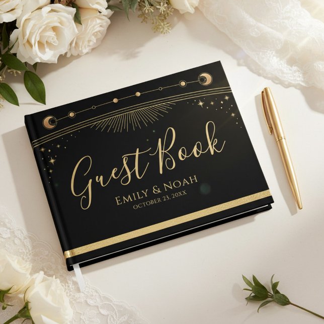 Livro De Visitas Celestial Black Gold Sun Moon Stars Wedding  (Criador carregado)