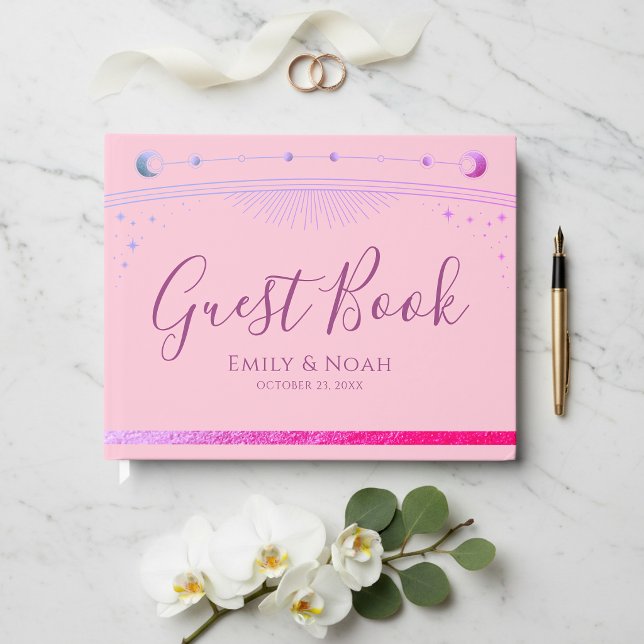 Livro De Visitas Celestial Rosa Roxo Sol Lua Estrelas Casamento (Criador carregado)