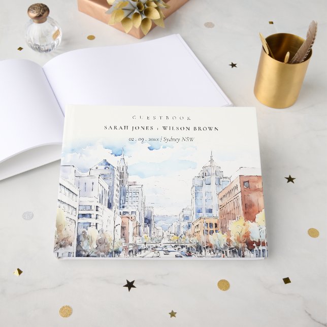 Livro De Visitas Cena de casamento em aquarela de Omaha Nebraska (Frente aberta)