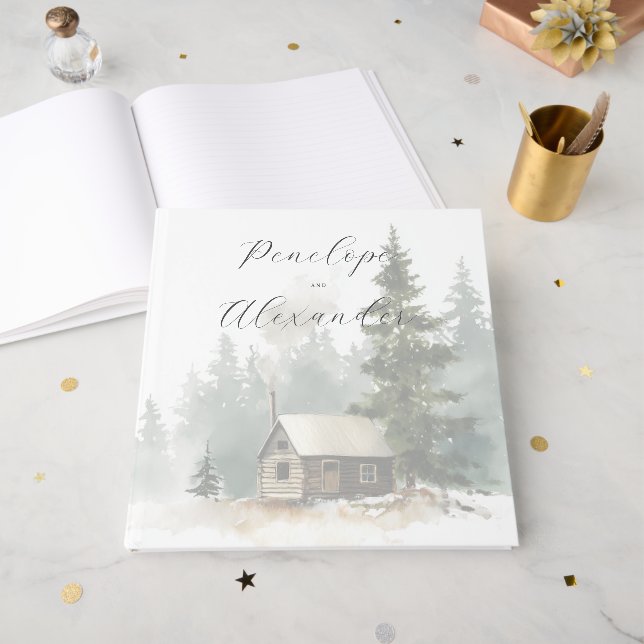 Livro De Visitas Cena Pacífica de Cabana em Aquarela Verde (Frente aberta)