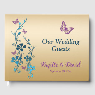 Livro De Visitas Cerceta, ouro, floral roxo, Guestbook 2 das