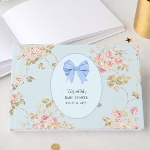 Livro De Visitas Chá de Bebê Floral com Laço Azul Elegante