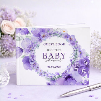 Livro De Visitas Chá de Bebê Floral Lavanda Elegante Aquarela