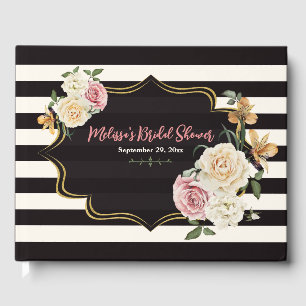 Livro De Visitas Chá de Bebê Preto, Marfim e Dourado Floral