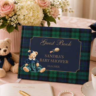 Livro De Visitas Chá de Bebê Xadrez Menina Urso Teddy Elegante