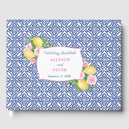 Livro De Visitas Chá de casamento de Azulejos Blue Vintage com os l