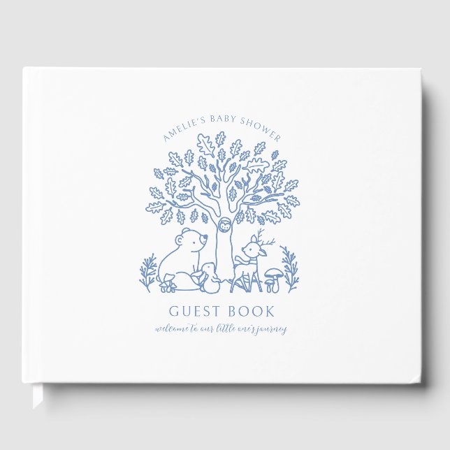 Livro De Visitas Chá de fraldas de Animais da Floresta Azul de Bebê (Frente)