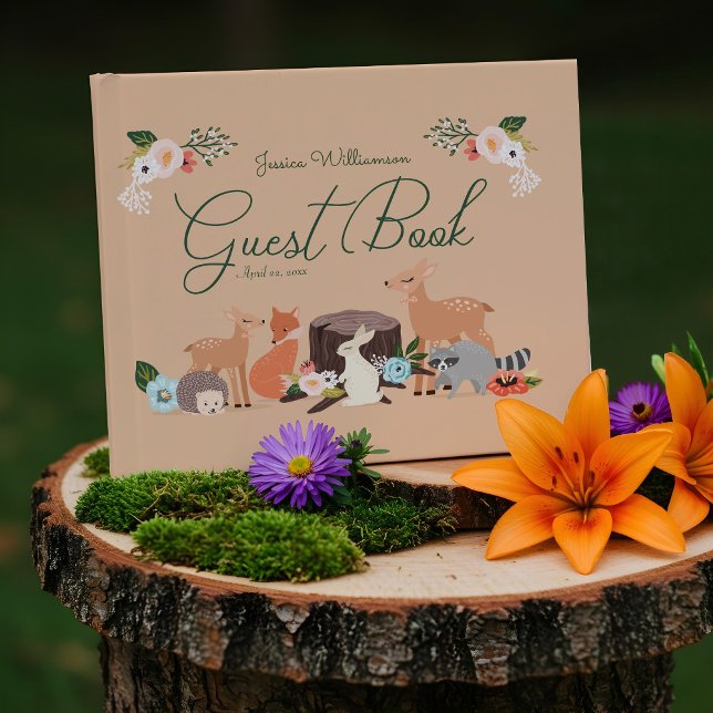 Livro De Visitas Chá de fraldas de Animais da Floresta Marinha (Cute Woodland Forest Animals Baby Shower Guest Book)