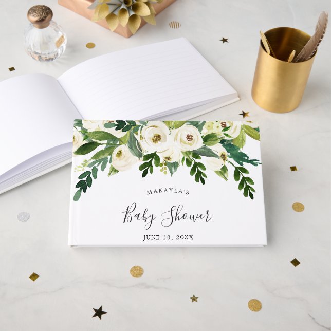 Livro De Visitas Chá de fraldas Floral Greenery White Roses (Frente aberta)