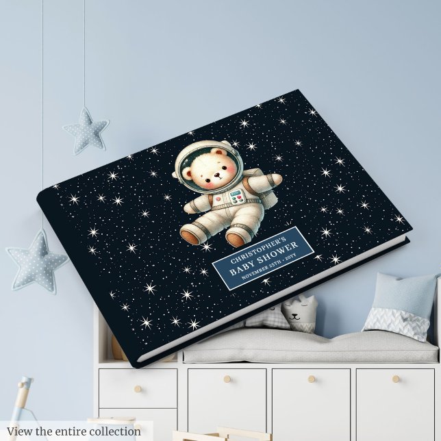 Livro De Visitas Chá de fraldas personalizado de Astronauta do Urso (Personalized Teddy Bear Astronaut Boy Baby Shower Log)