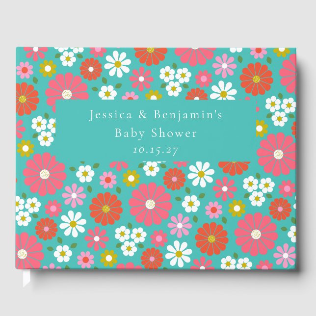 Livro De Visitas Chá de fraldas Personalizado de Turquesa de Flor B (Frente)