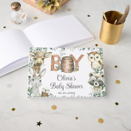 Livro De Visitas Chá de fraldas Rustic Woodland Animal Greenery Boy