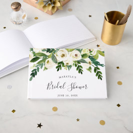 Livro De Visitas Chá de Noiva Floral com Vegetação e Rosas Brancas 