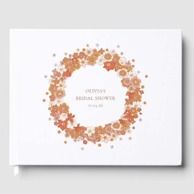 Livro De Visitas Chá de Noiva Floral Laranja Boho Groovy Personaliz (Frente)