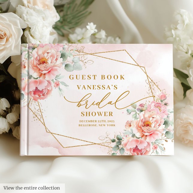 Livro De Visitas Chá de Noiva Floral Rosa Dourado Boho Moderno (Trendy Boho Blush Pink Gold Floral Bridal Shower Guest Book)