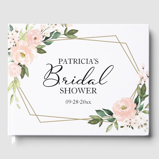 Livro De Visitas Chá de Noiva Floral Rosa Geométrico Dourado (Frente)