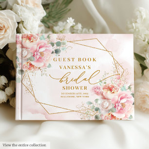 Livro De Visitas Chá de Noiva Rústico Boho Rosa Bege Dourado Brilha