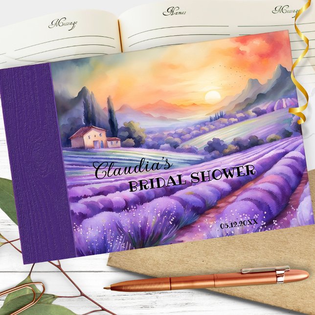 Livro De Visitas Chá de panela de País da Lavanda Italiana de Aquar (Guest book featuring a watercolor painting of an Italian/French landscape scene with lavender fields)