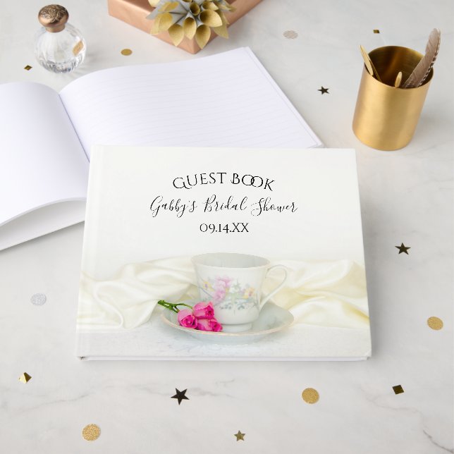Livro De Visitas Chá de panela Floral da Taça Tea e Rosas Rosa (Frente aberta)
