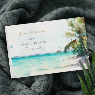 Livro De Visitas Chá de panela Tropical Beach Watercolor Palm Trees