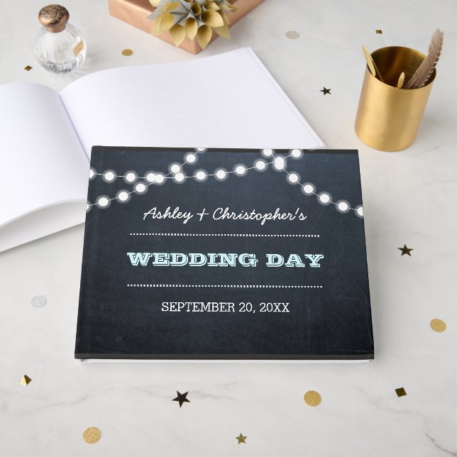 Livro De Visitas Chalkboard Lights Aqua Weds Guest Book (Frente aberta)